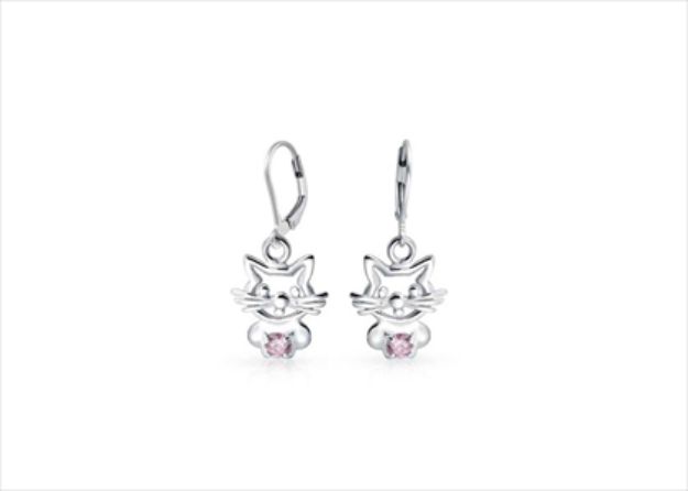 Kitty cat Lever Back Rhodium Plated Gemstone Earrings