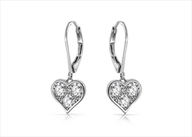 Rhodium Plated Lever Back CZ Heart Dangle Earrings