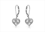 Rhodium Plated Lever Back CZ Heart Dangle Earrings