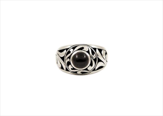Rhodium Plated Mens Ring with Black Stone