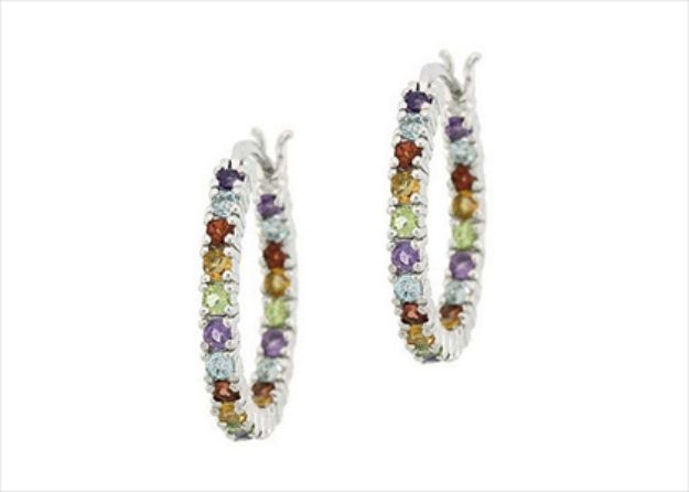 Rhodium Plated Mutlicolored Gemstone Hoop Earring