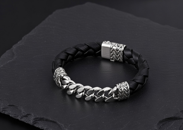 Curb Chain Leather Bracelet for Men