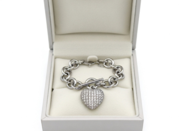rhodium plated heart charm bracelet