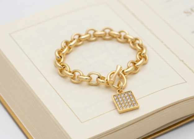 gold plated CZ toggle charm bracelet