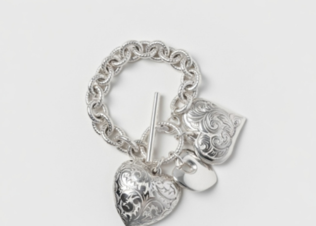 silver plated heart charm toggle bracelet
