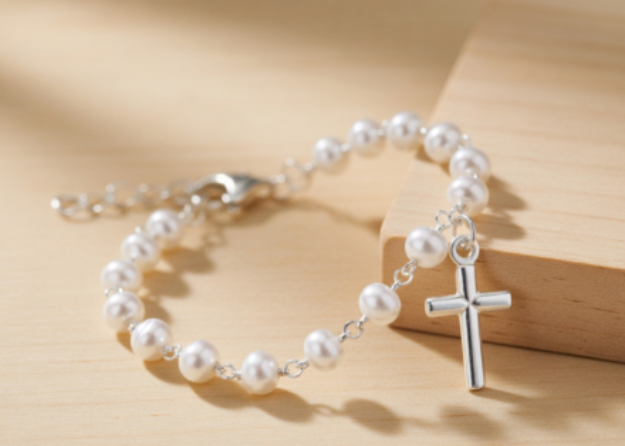 silver plated pearl cross charm bracelet