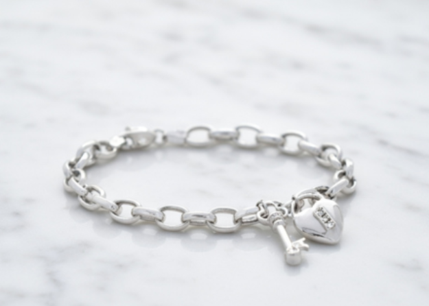 silver plated CZ lock and key charm bracelet