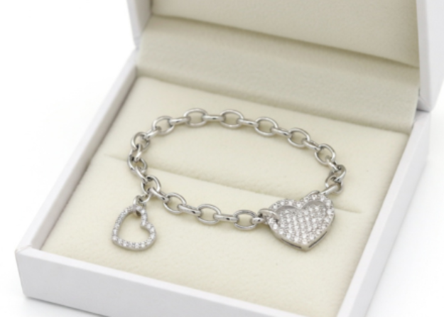 silver plated CZ heart charm bracelet