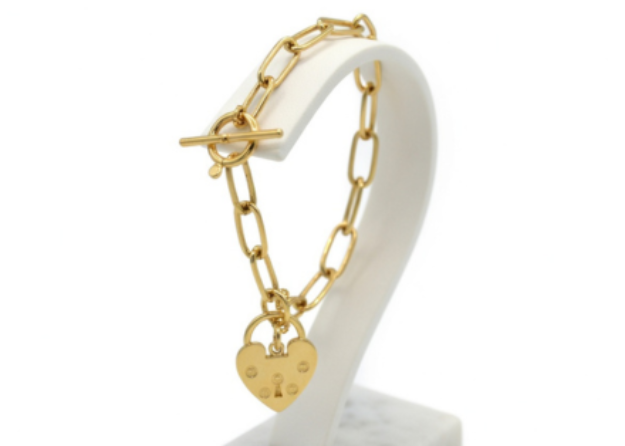 gold plated womens toggle heart charm bracelet