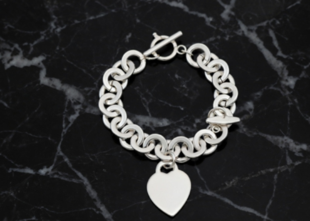 silver plated mens toggle heart charm bracelet