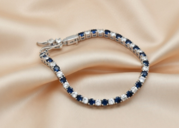 silver plated tennis bracelet blue cz studded