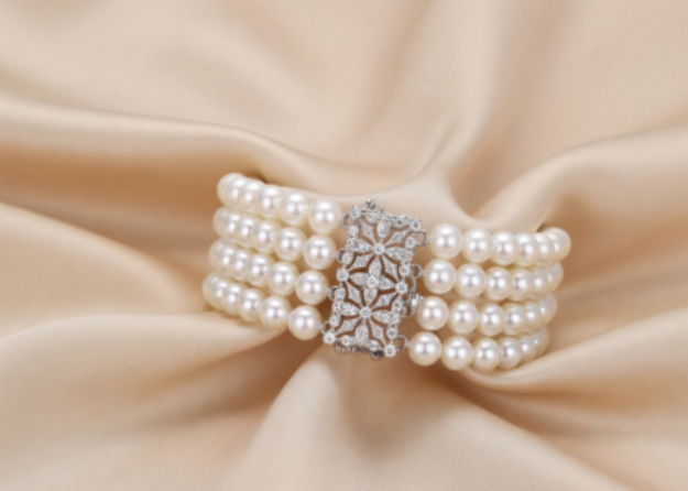 silver plated cz studded womens bridal pearl bracelet